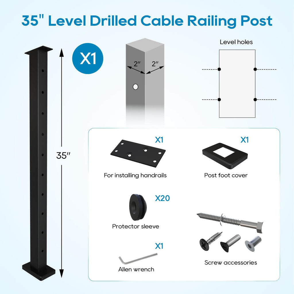Level Drilled Cable Railing Post 36" (35"X2"x2"), Flat Bracket Stainless Steel Deck Railing Post, Black Level Holes