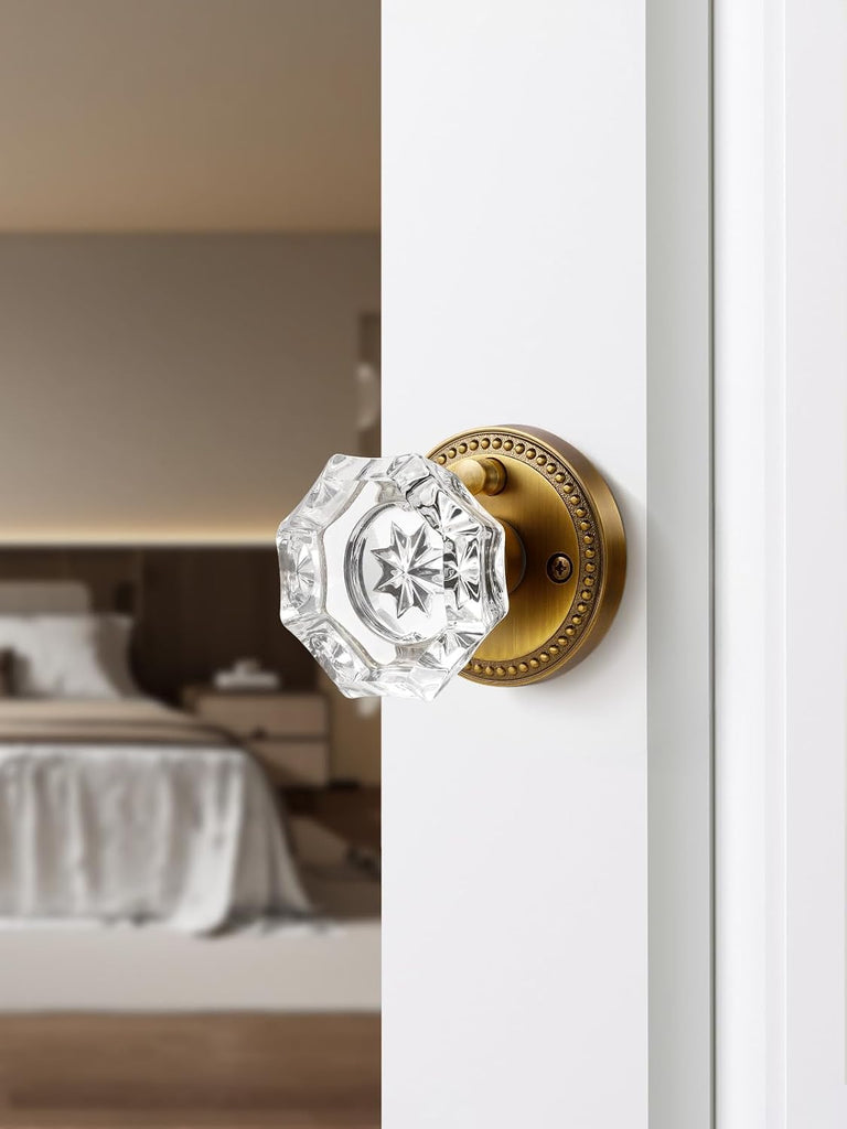 Door Knob Antique Brass Privacy Crystal Glass Interior 1 Pack