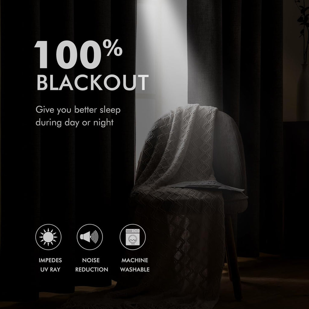 100% Blackout Linen Textured Curtains for Bedroom Solid Thermal Insulated Natural Beige Grommet Room Darkening