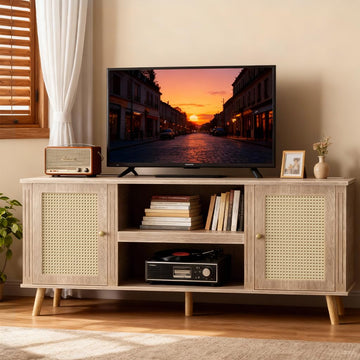 Rattan TV Stand for 65 Inch Television with Charging Station, 59" Mid Century Modern Entertainment Center, Boho Media