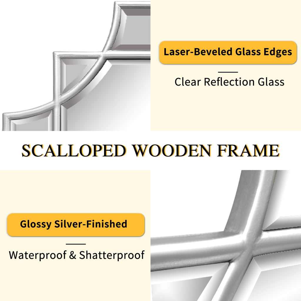 Wall Mirror Full Length, 47" x 24" Silver Wood Framed Full Body Mirror, Scalloped Beveled Polished Decorative