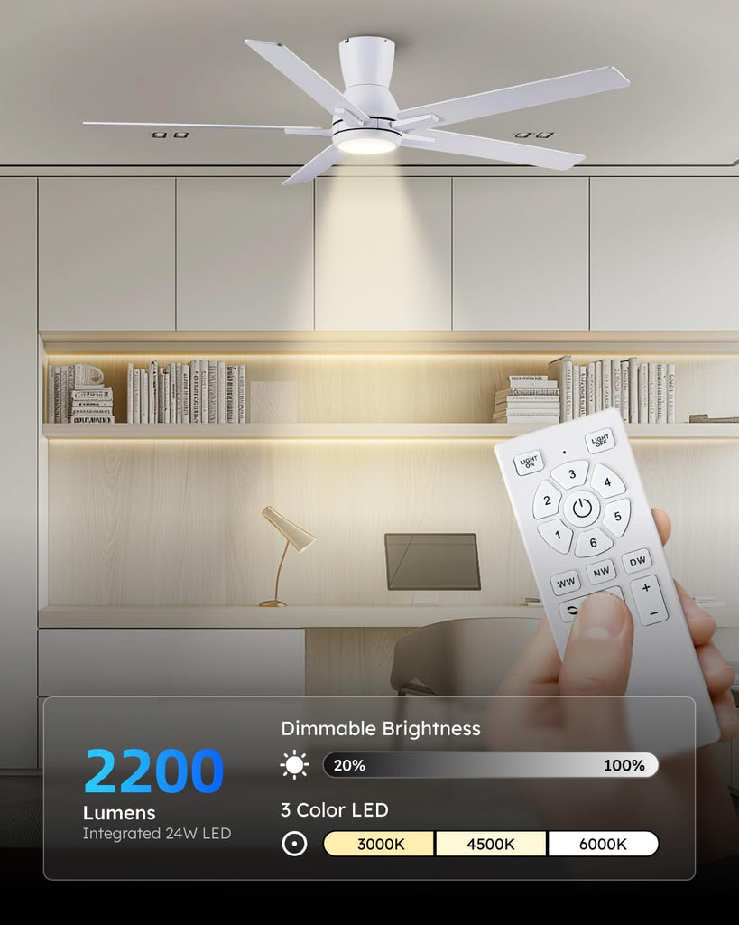 60 Inch White Flush Mount Ceiling Fans with Lights and Remote, White Low Profile Ceiling Fan