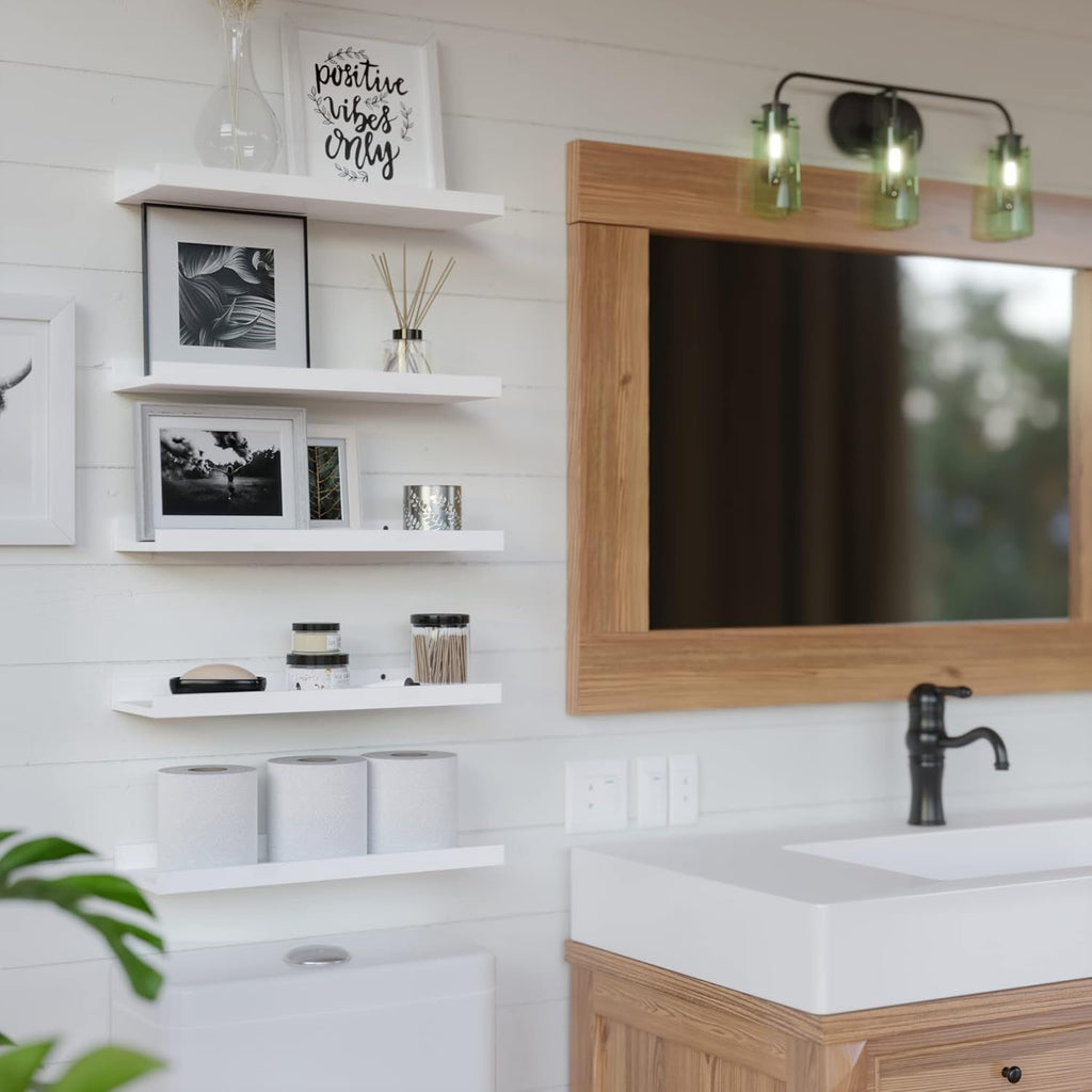 5-Set Floating Shelves with Lip, White Wall Mounted Wood Shelf