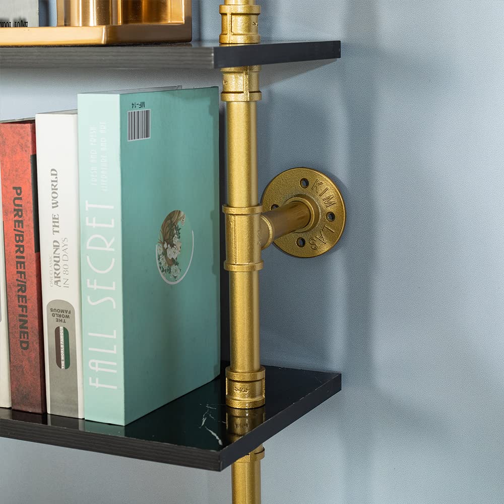 6-Tier Black Faux Marble and Gold Shelves Bookshelf Decor Industrial Pipe Shelving Metal (23.6x9.8x66.9")
