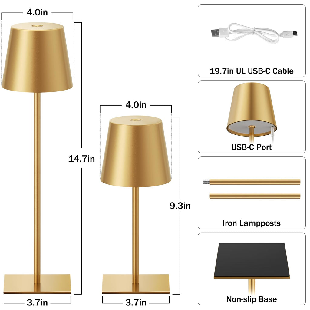 Gold Rechargeable Table Lamp, Cordless Battery Operated Lamp Set