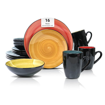 Sonoma 16 Piece Stoneware Dinner Set, Outside Black + Inside Handpainted Mixed Colors Blue, Green, Red, Yellow with