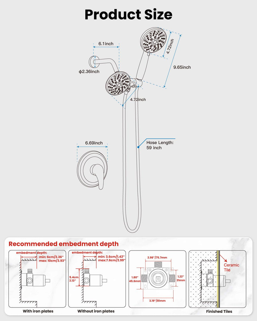Dual Shower Head Kit with Valve 6 Mode Handheld Brushed Gold