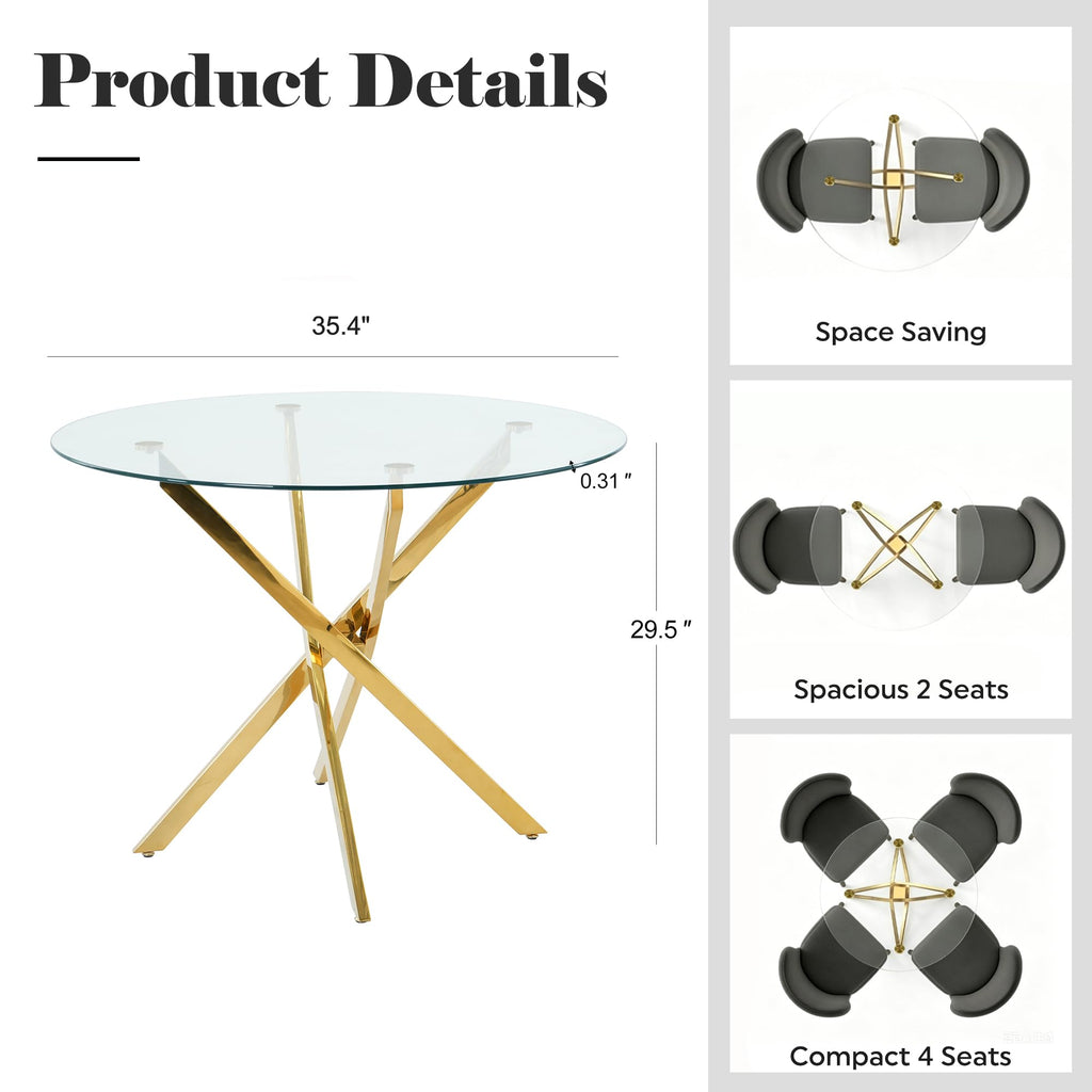 36-Inch Round Tempered Glass Dining Table for 2-4 Person Space-Saving Small Kitchen Table with Heavy-Duty Metal Legs