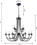 Farmhouse Candle Chandelier 12 Lights Rustic Industrial Wrought Iron Pendant Light Metal 2-Tier French Country Hanging Fixtures for Foyer Kitchen Island Living Room, Black