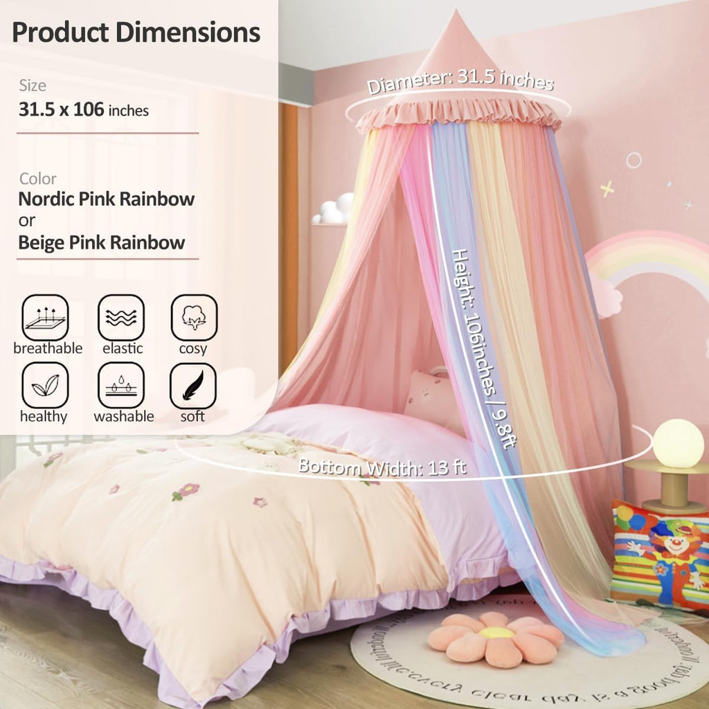 Rainbow Bed Canopy for Girls Dreamy Mosquito Net for Bed Round Dome Princess Bed Canopy Girl Room Play Tent Canopy