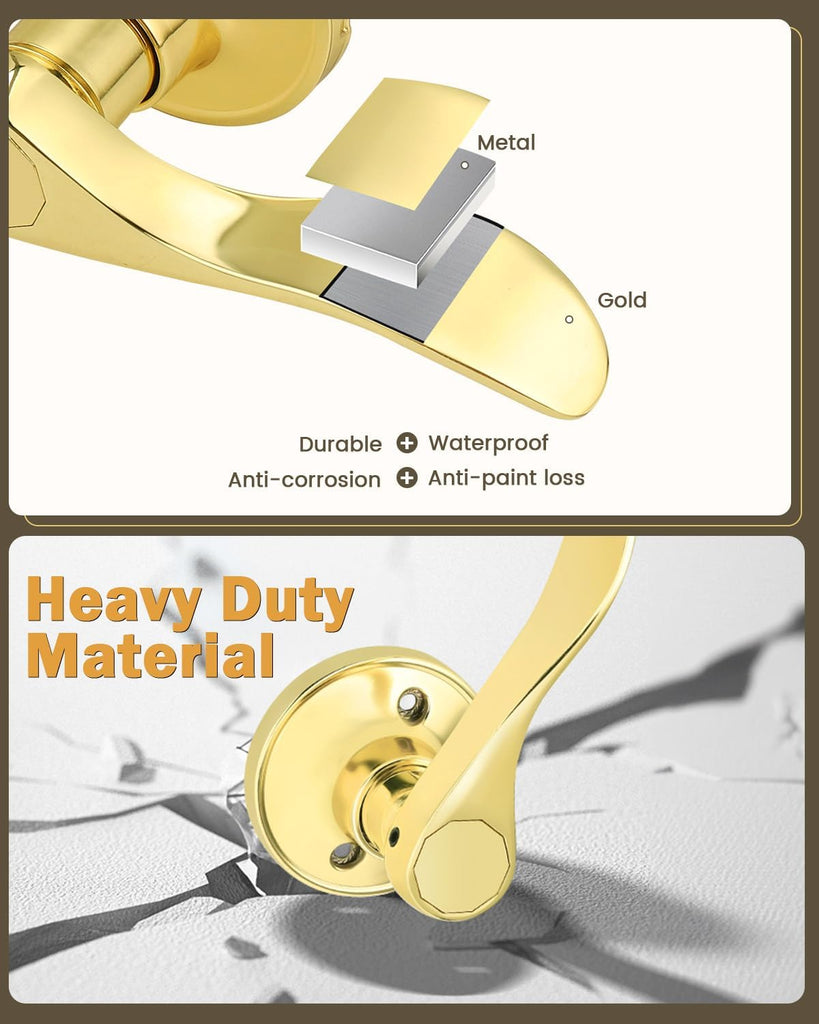 2Pack Wave-Style Closet and Hall Door Locksets Passage Levers in Polished Brass,Reversible Handles for Left Right - Door Lever