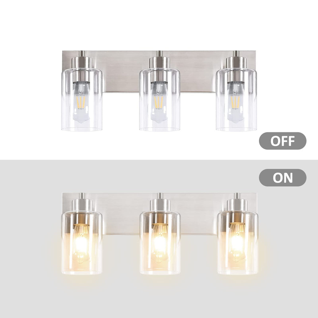 Brushed Nickel Bathroom Vanity Lights 3-Light, Clear Glass Shade