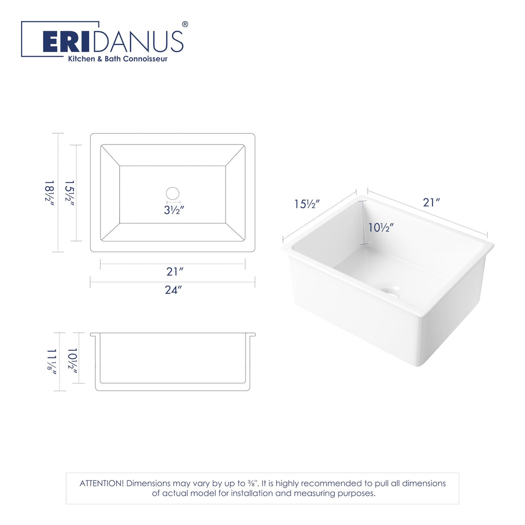 24 x 19 Inch Undermount or Drop In Fireclay White