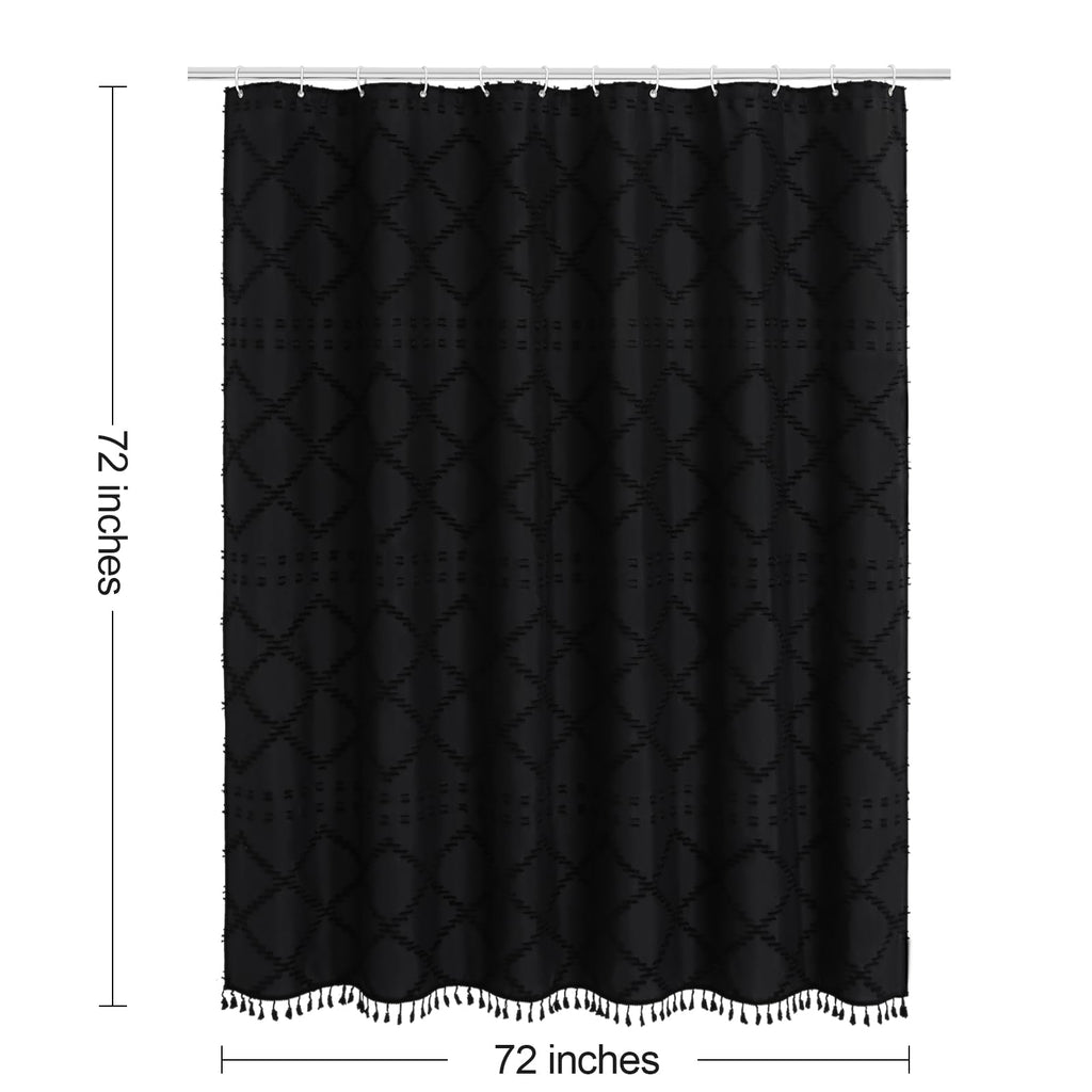 Black Boho Woven Fabric Shower Curtain with Tassel 72x72, Tufted Textured