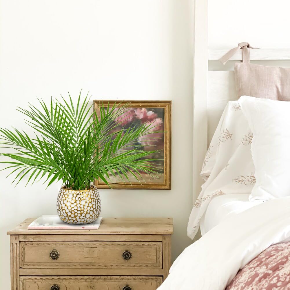 Fake Plants 15'' Faux Palm Plant in Gold-White Pot | Realistic Tropical Artificial Plants Indoor Farmhouse Mini Palm