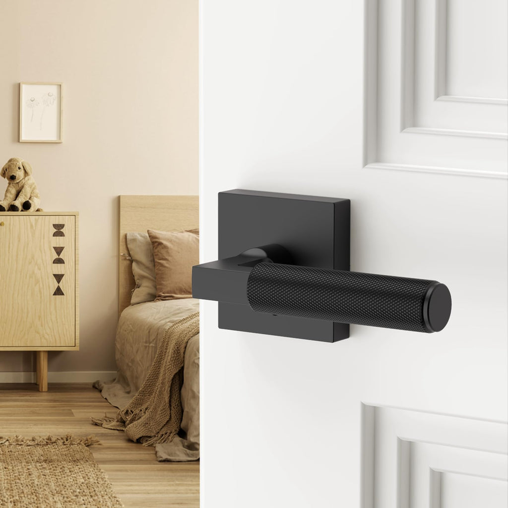 4 Pack Matte Black Privacy Door Handles, Knurled Door Levers Interior Matte Black Door Lever Bathroom Door Knobs