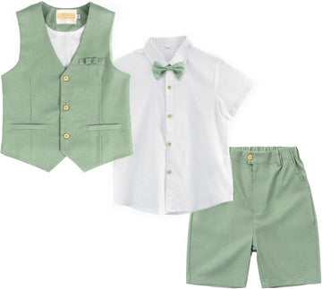 Boys Linen Suit 4 Piece Summer Gentleman Outfit Kids Shorts Set