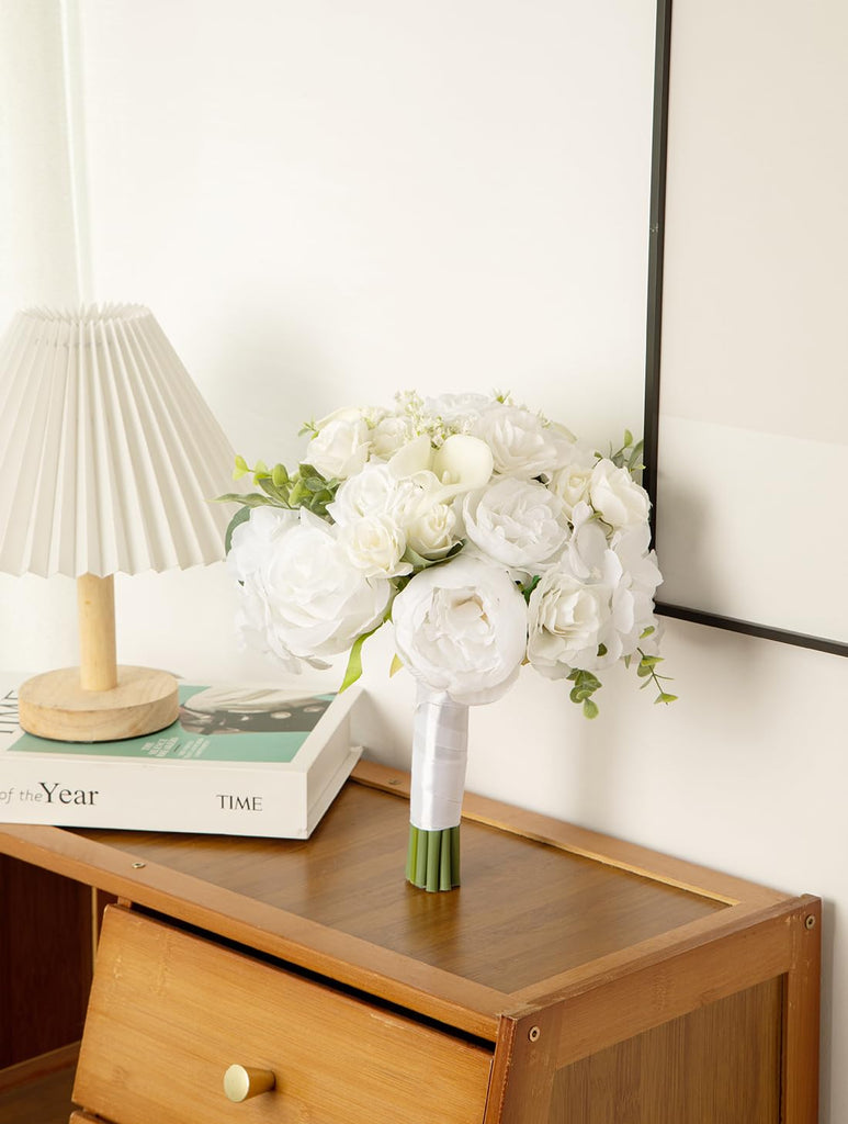 9'' White Artificial Wedding Bouquet - Peony, Rose & Calla Lily Bridal Bouquets for Bride Bridesmaids | Wedding