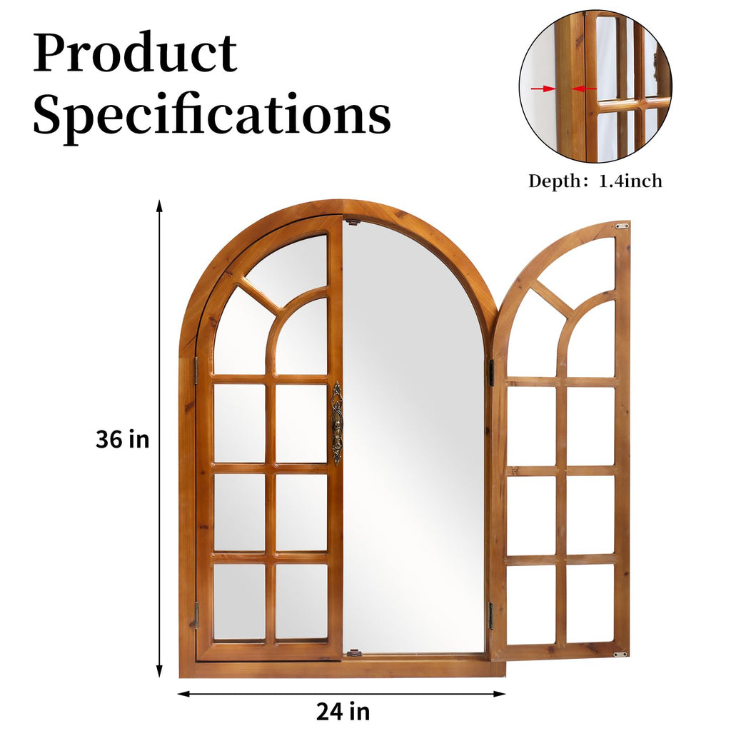 Rustic Wood Windowpane Arch Mirror, 24x36inch Vintage Farmhouse Window Pane Wall Mirror, or Bedroom Decor, Rustic