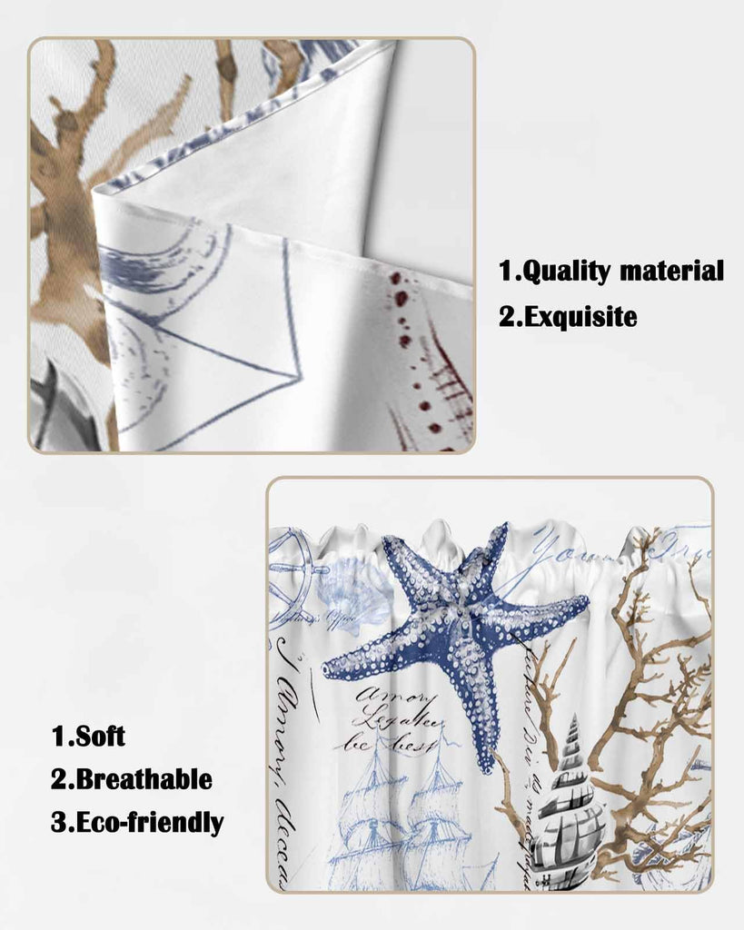 Coastal Nautical Swag Curtains Valance Windows, Ocean Blue Starfish Coral Shell Vintage Rod Pocket Curtain