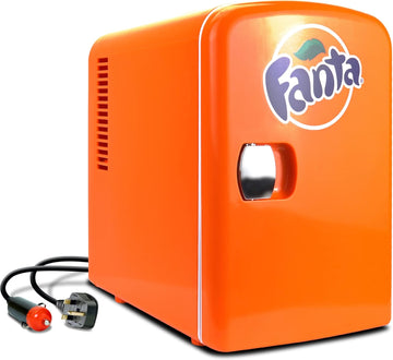Fanta Mini Fridge - 6 Can Refrigerator for Bedroom Office, Portable Table Top Beverage Cooler, 12V 110V Refrigerador