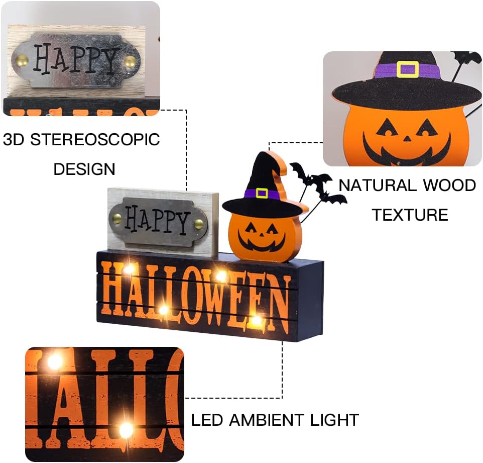 Halloween Decorations Indoor, 2-Layered Wood Block with LEDs & Pumpkin Face, Happy Halloween Sign Decorations