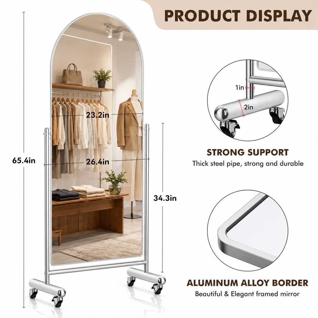Arched Full Length Mirror with Wheels 65" x 24", Adjustable Tilt Floor Mirror, Tempered Glass Standing Mirror with