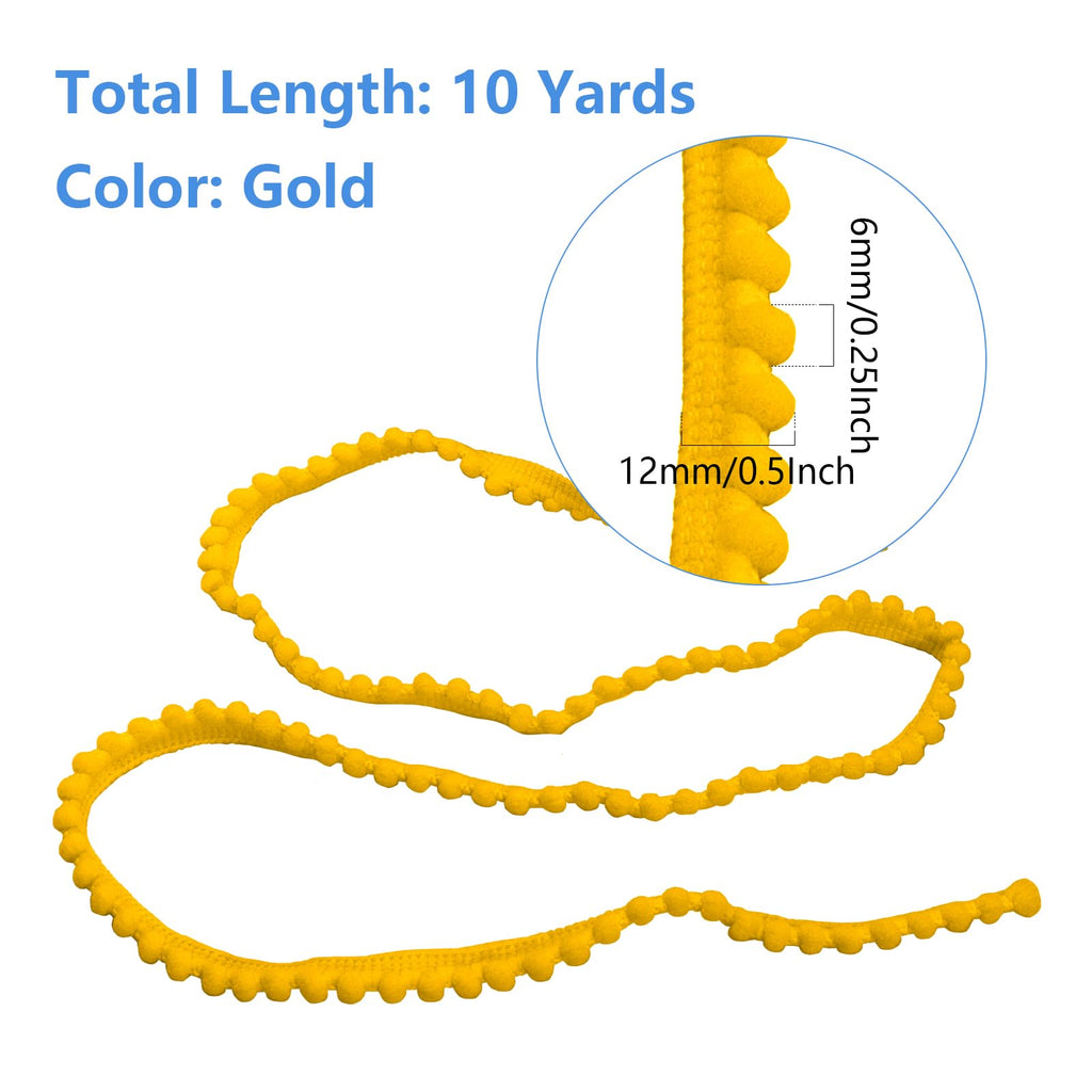 Pom Pom Trim, 1/2" Wide Gold Ribbon, 6mm Balls - 10 Yards