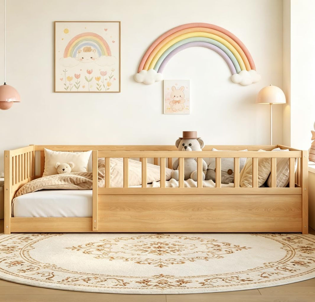 Twin Floor Bed with high Fence, Solid Pine Wood Montessori Bed for Kids Girls Boys Floor Bed Frame,Natural with slats