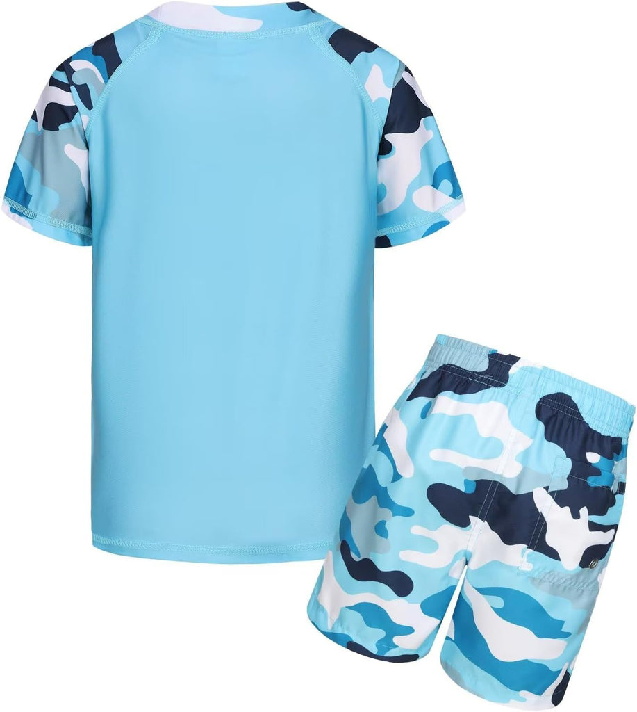 Boys Swim Set, 2 Piece Rash Guard Swimsuits Bathing Suit Short Sleeve Swim Shirts with Trunks Quick Dry Swimwear