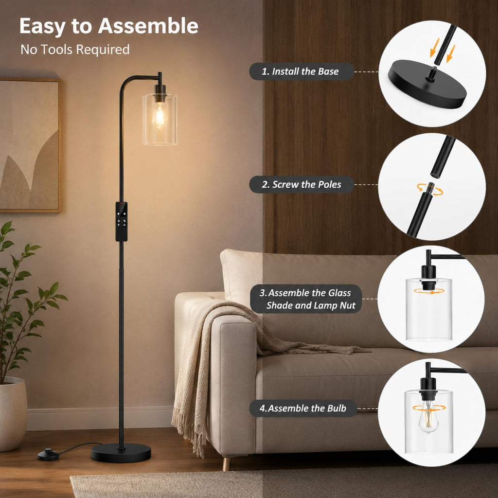 Industrial Floor Lamp with Glass Shade, LED Bulbs Included