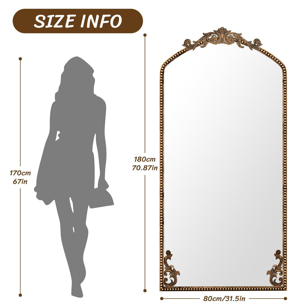 Gold Arched Full Length Mirror 71"×32", Large Traditional Vintage Baroque Inspired Floor Mirror, Ornate Antiqued