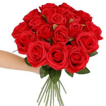 12Pcs Roses Realistic Long Stem Fake Silk Artificial Flowers Red