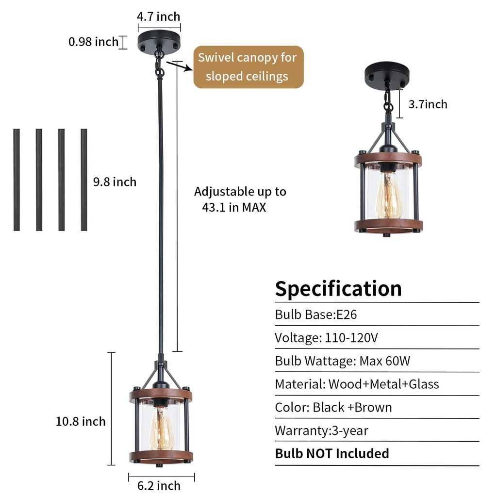 Farmhouse Pendant Light, Rustic Walnut Wood Metal Cage Hanging Light Fixtures with Glass, Adjustable for Flat and