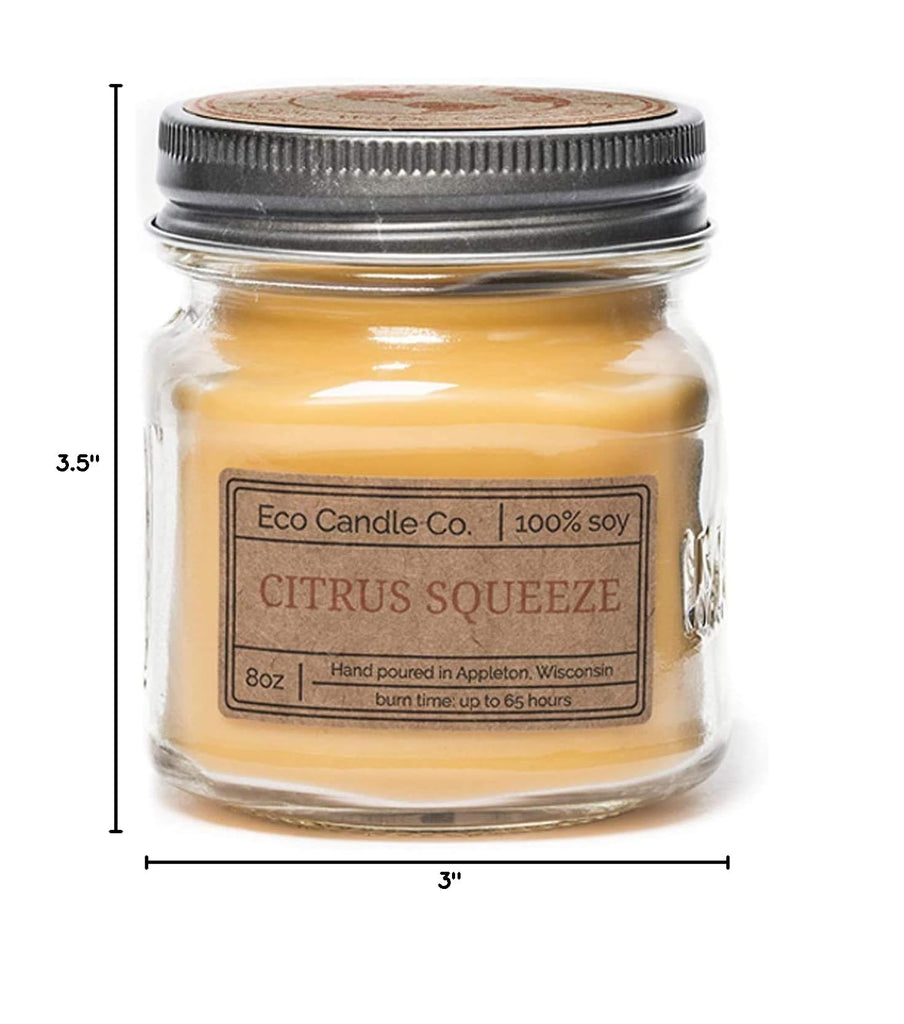 Mason Jar Candle, Citrus Squeeze, 8 oz. - Scents of Orange, Tangerine, Grapefruit, Lemon, & Lime - 100% Soy Wax, No