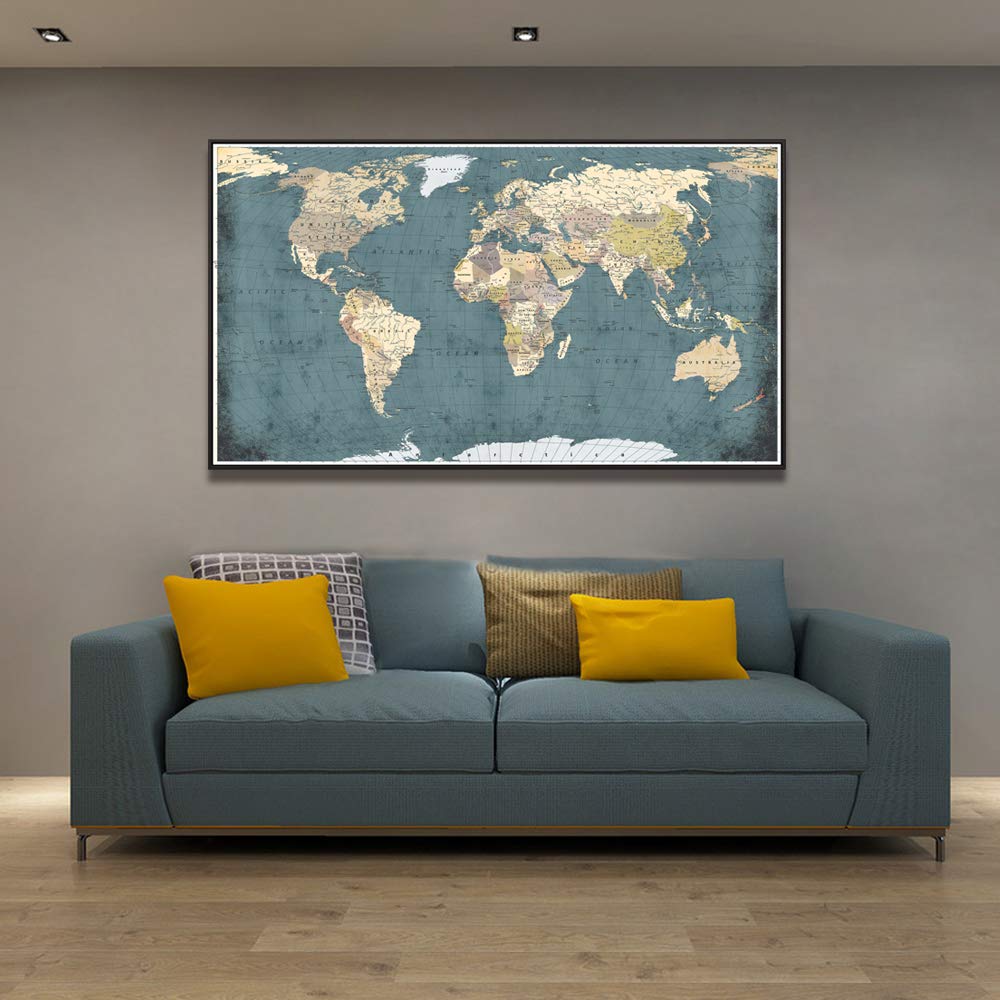 Large Office Wall Decoration Retro Detailed World Map Canvas Print