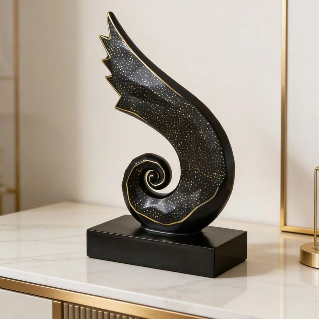 Black Gold Abstract Wing Resin Sculpture - Starry Gold Speckled Spiral Figurine Office Shelf Decor, Housewarming