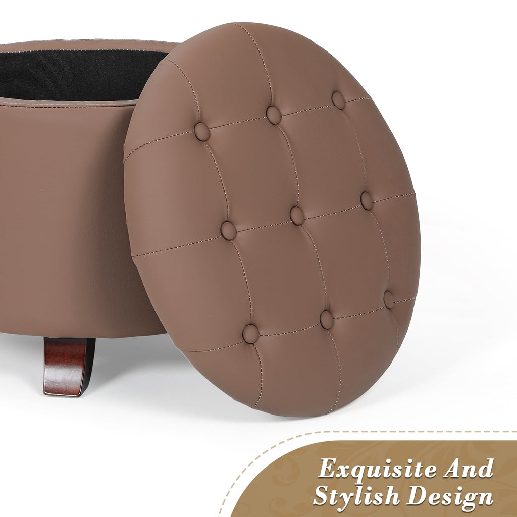 20 Inch Small Ottoman with Storage, Round PU Leather Storage Ottoman with Removable Lid, Stylish Footstool Foot Rest