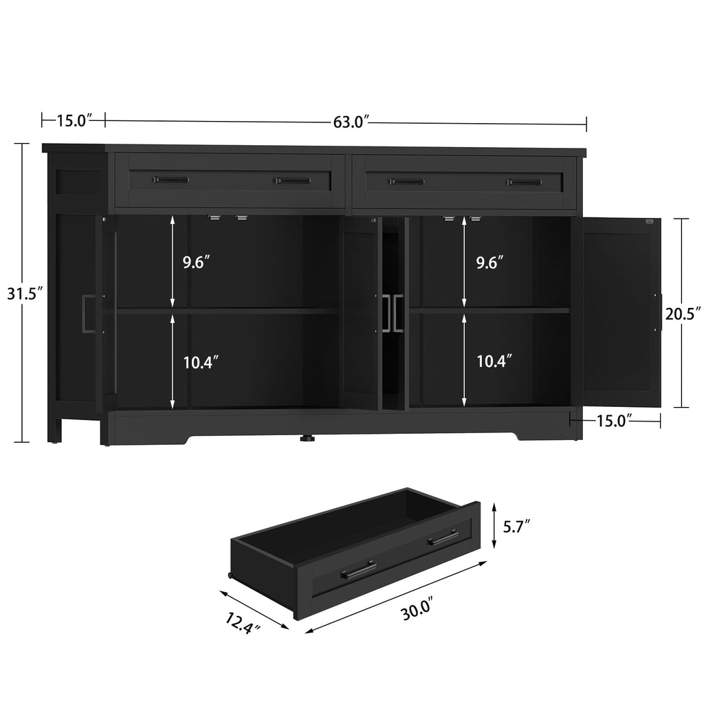 63" Buffet Cabinet with Storage, Sideboard Cabinet with 2 Adjustable Shelves and 4 Doors, Modern Farmhouse Coffee Bar