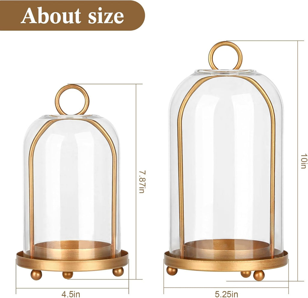 Vintage Brass Metal Candle Lantern with Thick Glass Dome - Set of 2 Shabby Chic Style Candle Holders (5.25"x10" &