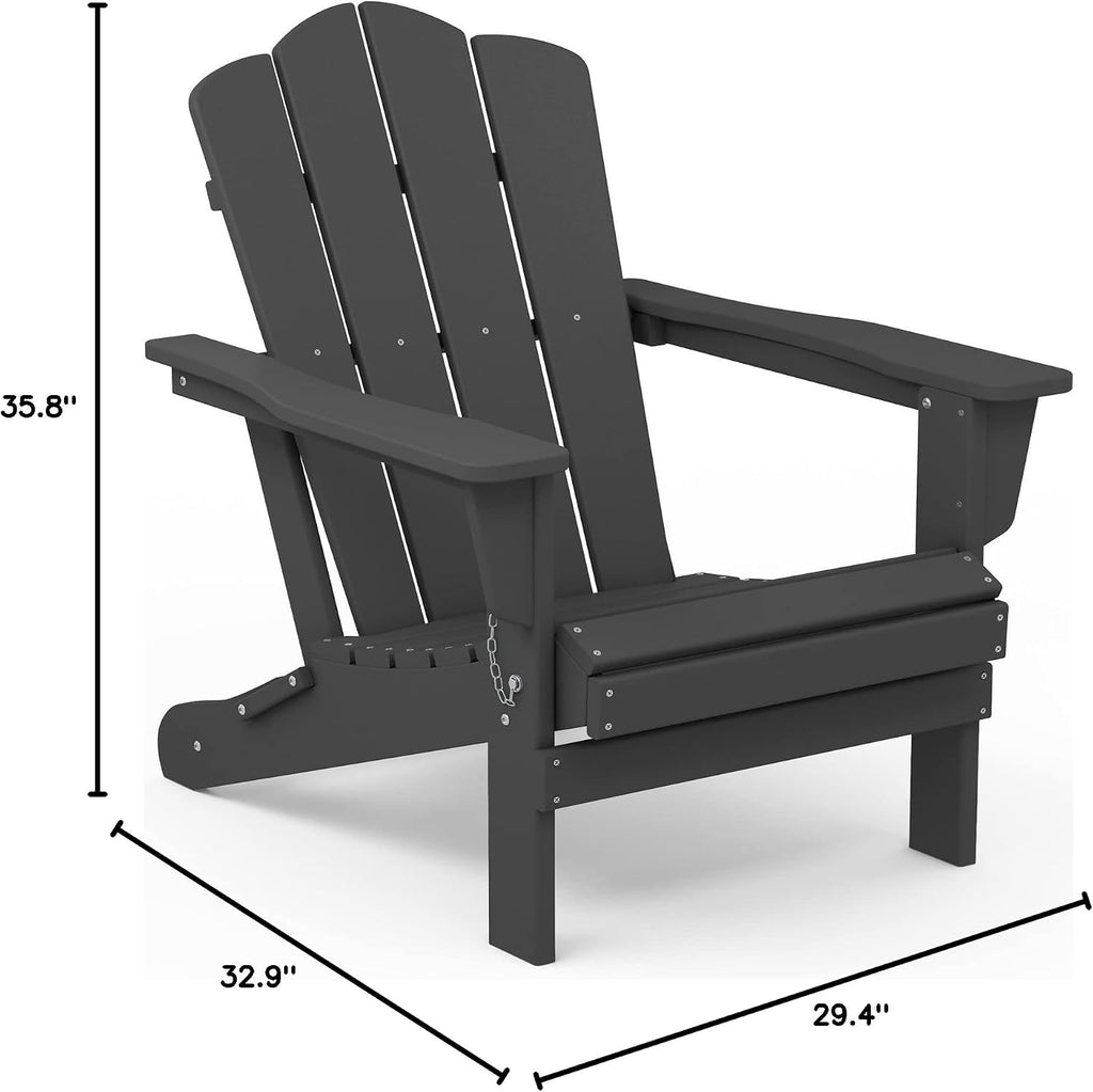 Folding Adirondack Chair with Cup Holder, Grey | HDPE All-Weather Patio Chairs, Wooden Textured Lawn Chair for