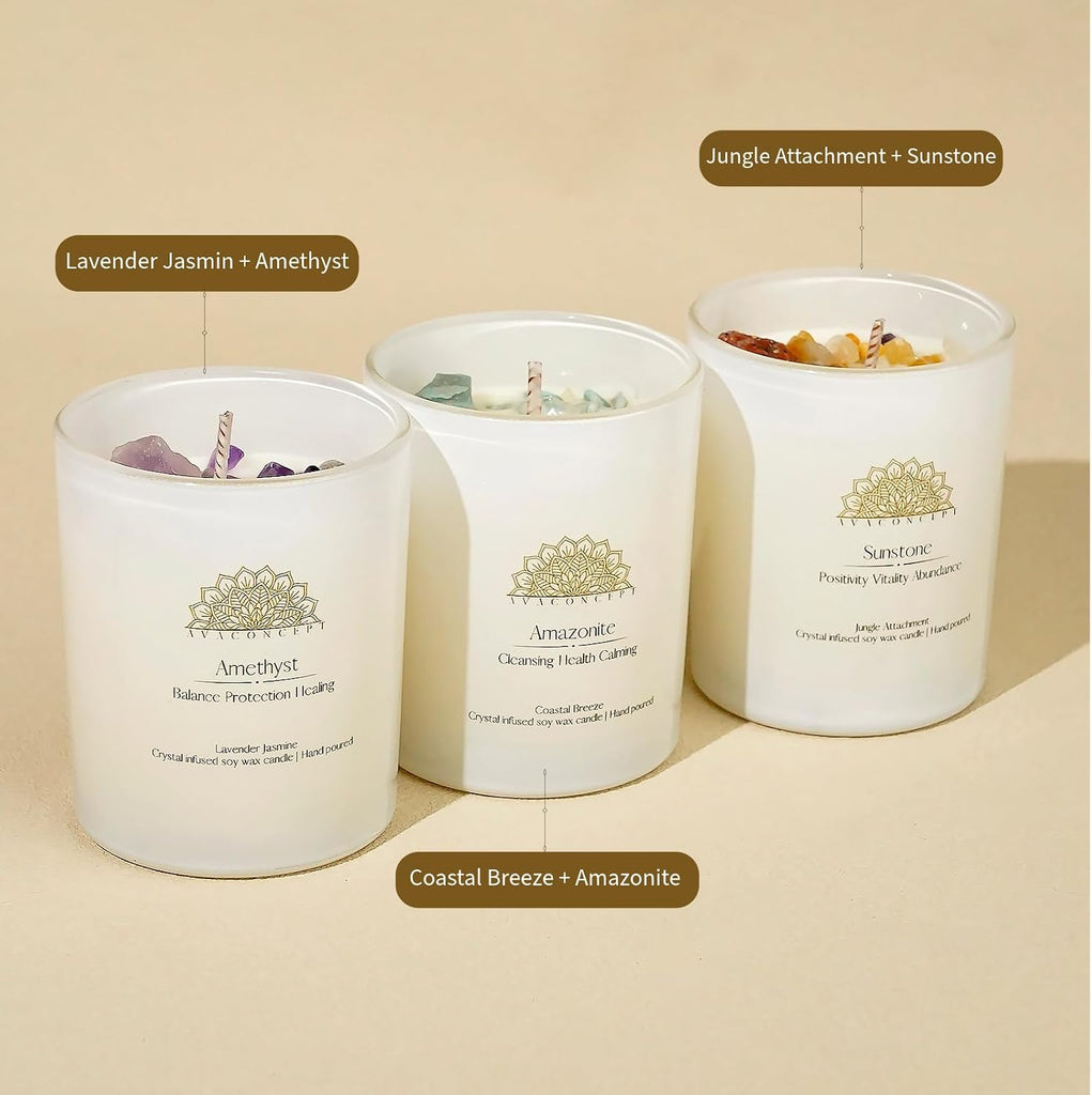 Healing Crystal Candle Gift Set Amethyst, Amazonite & Sunstone Hand-Poured Soy Wax Lavender - Set of 3