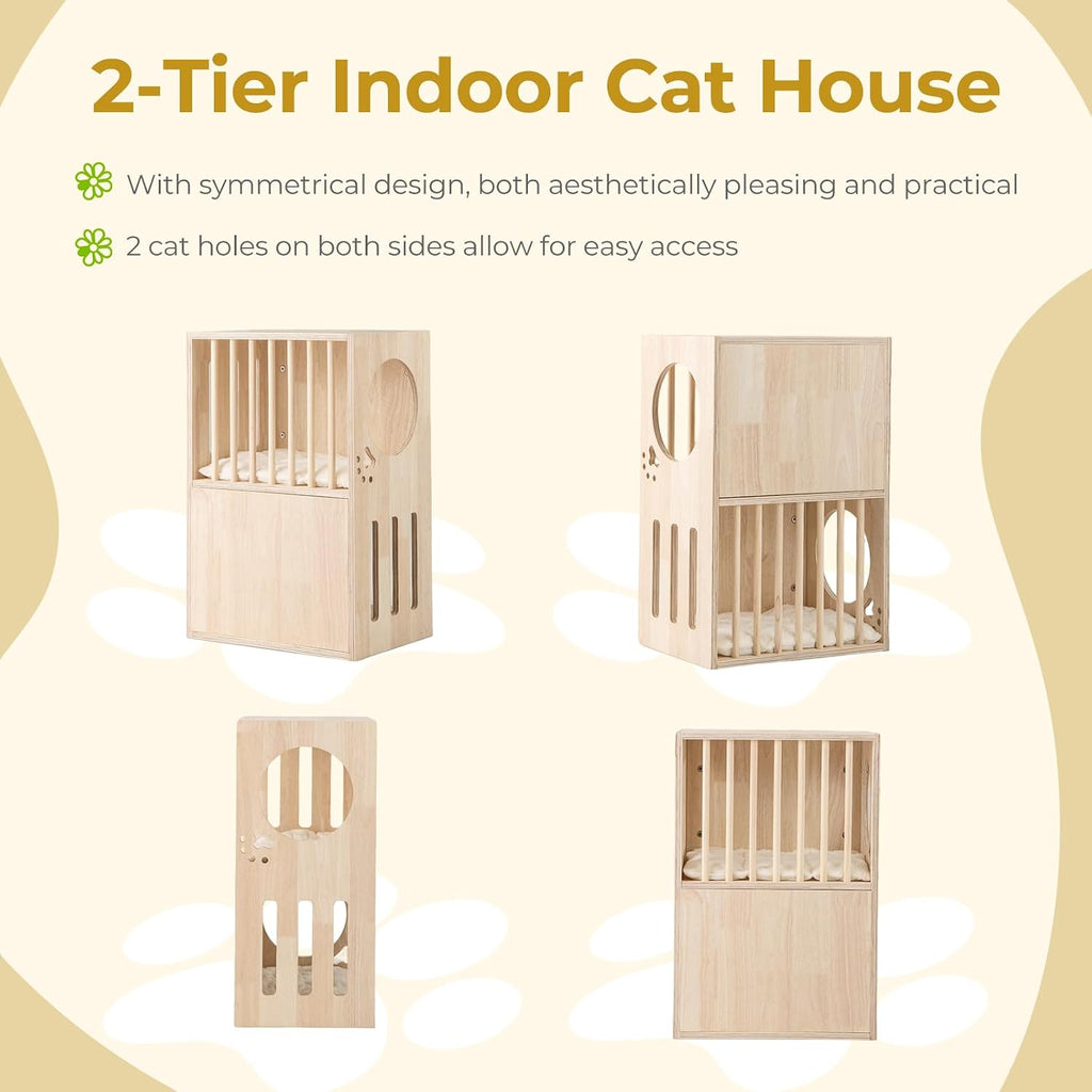 2-Tier Luxury Wood Cat House, Wooden Kitten Cage Condo with 2 Washable Plush Cushions, 2 Access Holes, Indoor Pet