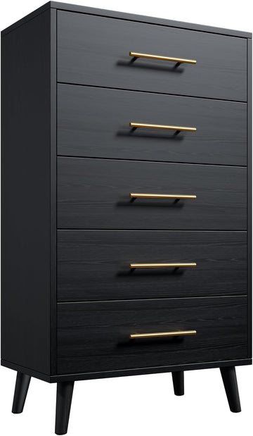 5 Drawer Dresser, Tall Chest of Draawers, Black | Wood Dresser with Metal Handles for Organized Storage Dresser s
