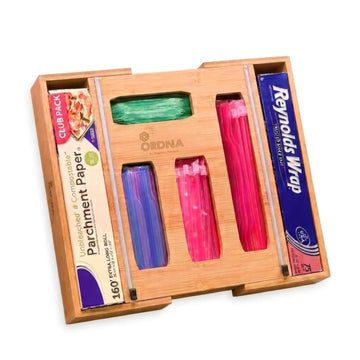 3" Slim 6-in-1 Expandable Storage Bag Organizer Kitchen Drawer - Bamboo Baggie Organizer for Drawer, Aluminum Foil &