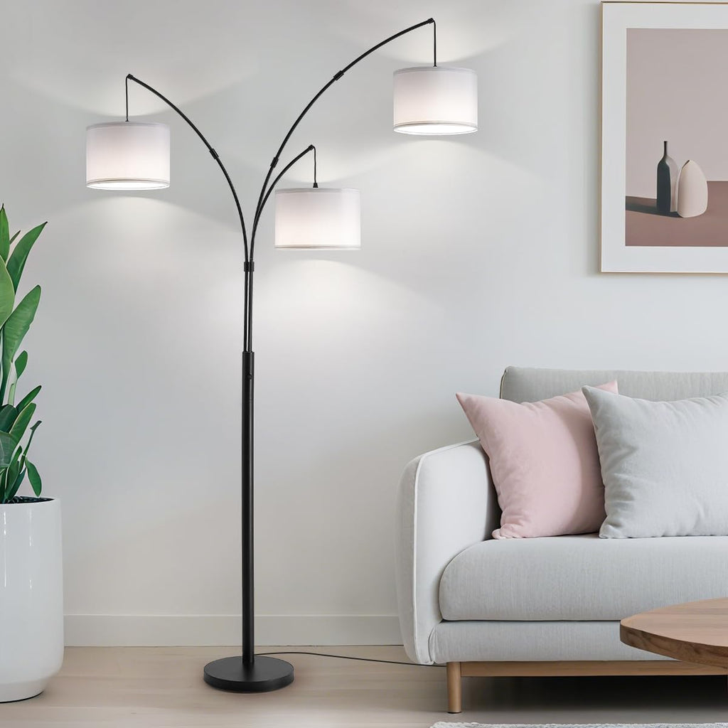 Floor lamp with Remote, 3 Light Arc Floor Lamps, 2400LM Tall Standing Floor Lamps with White Shades