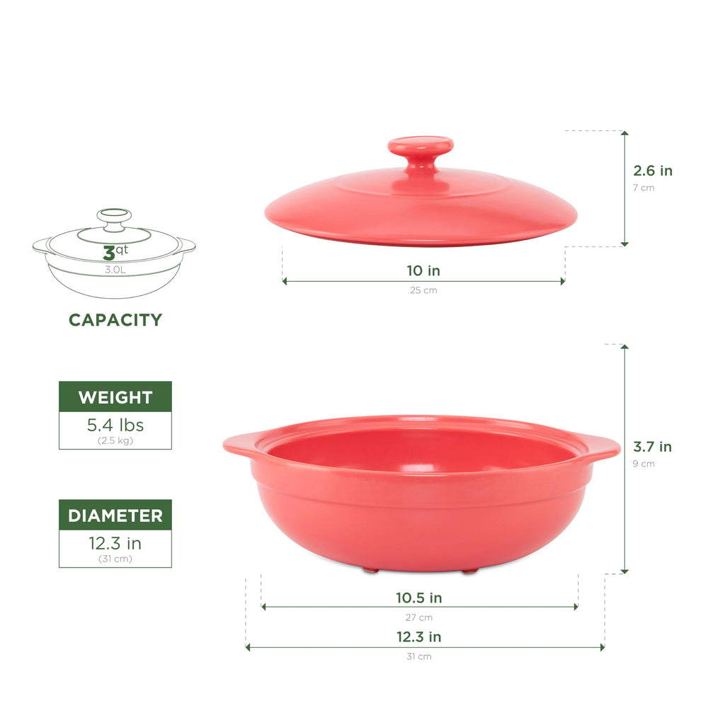 3-Qt Porcelain Dutch Oven with Lid - Lead & Cadmium Free, Oven Safe to 482°F, Heat Retention, Clay Pot for Cooking on
