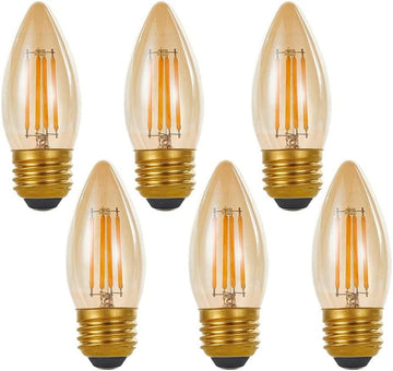 LED Filament Chandelier Bulb 4W, Vintage Classic Edison Style, E26 Standard Base Amber Glass Light Bulbs, Gold Tint