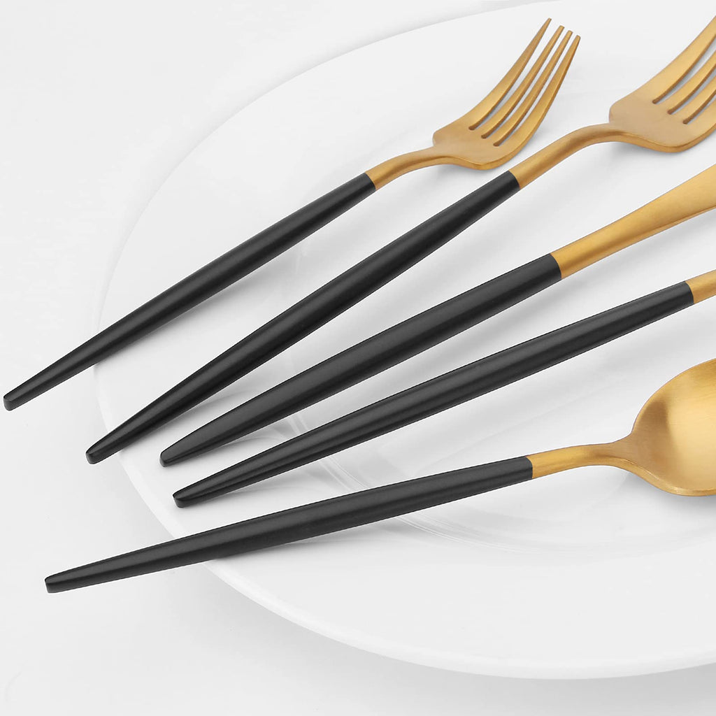 Matte Gold Silverware Set with black handle, 20 Piece Stainless Steel Cutlery Flatware Set, Kitchen Utensil Sets for