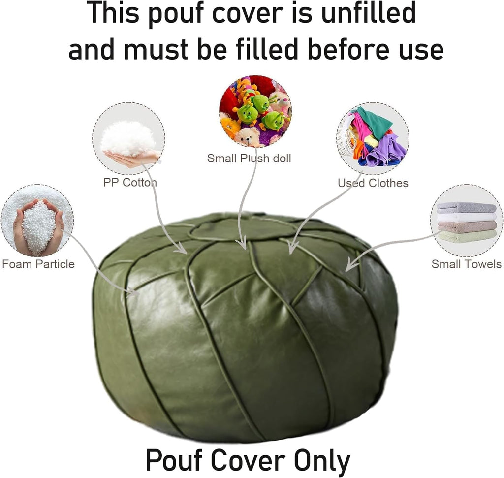 Handmade Moroccan Boho Chic Eco-Friendly Waterproof Faux Leather Unstuffed Pouf Ottoman Cover, Round Storage DIY Foot